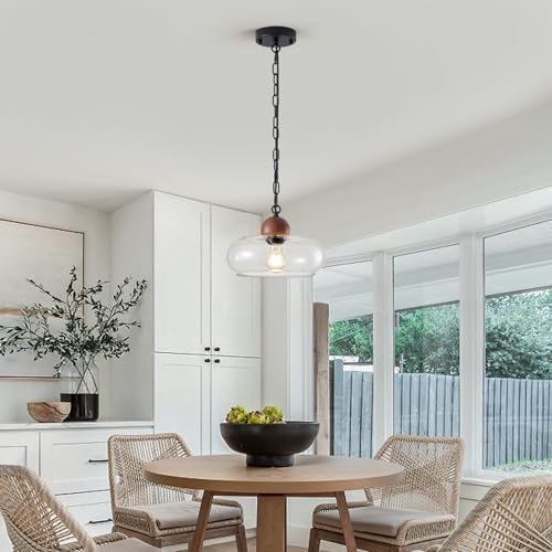 Image of MWZ Modern Farmhouse Pendant Light Kitchen Island with Wood Accent, 11 inchLarge Clear Glass Hanging Ceiling Light for Dining Room,Rustic Industrial 1-Light Chandeliers Fixture, Adjustable Chain,E26 Base