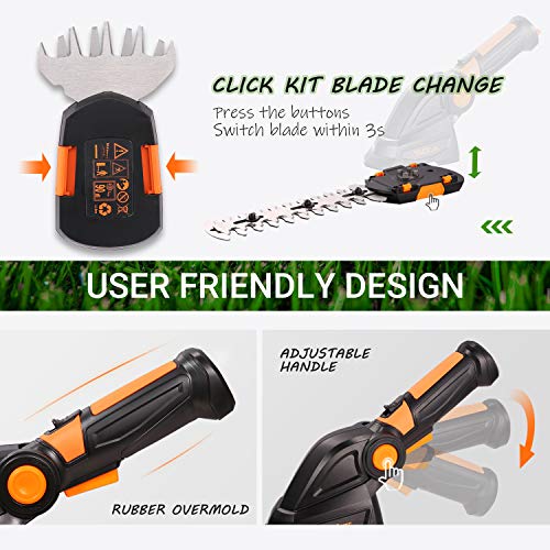 TACKLIFE Cordless Grass Shears, 7.2V Shrubbery Trimmer, 2-in-1 Cordless Hedge Trimmer, 3s Tool-Free Blade Change, Fast Charger Included