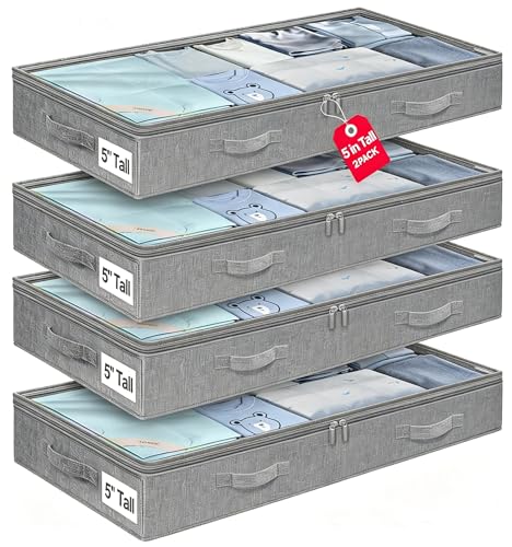 Image of punemi 5 inch High Soft Fabric Low Profile Under Bed Storage, 4 Pack, Grey