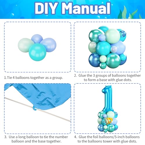 Image of Blue Number 1 Balloon 40 Inch Ocean Under the Sea Number One Foil Balloons Tower with Shark Bubble Fish for Boys First 1st Birthday Party Decor Green Underwater Digital Aluminum Balloons Stack