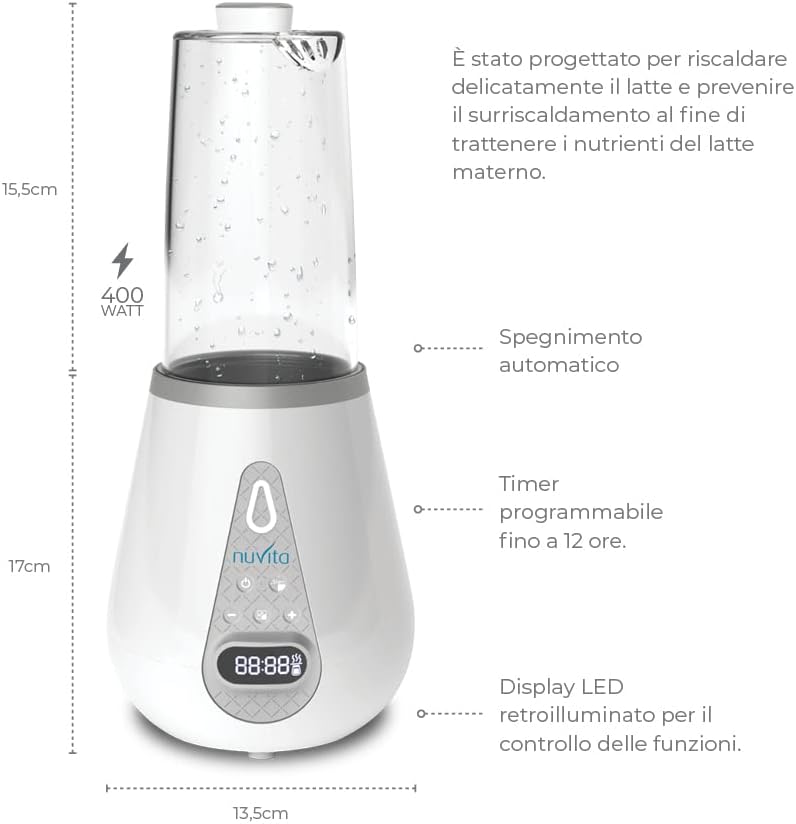 Diagram showing the dimensions of the Nuvita 1170 (15.5cm, 17cm, 13.5cm) and features like automatic shut-off, programmable timer up to 12 hours, and a backlit LED display. The text indicates it's designed to gently warm milk and prevent overheating to retain breast milk nutrients.