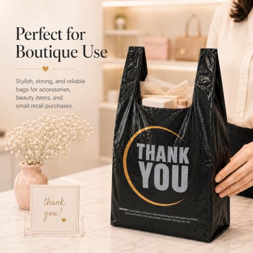 Image of YoYoRain Black Thank you T shirt bag, Grocery shopping bag Reusable and Disposable Supermarket Bag 11''x6''x21'' 300PCS