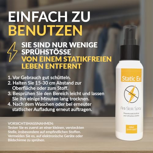 StaticEx Antistatik Spray Kleidung - Geruchsneutrales Antistatisches Spray, Anti Static für Kleidung, Teppich, Möbel & Textilien, Auto - Gegen statische Aufladung (100 ml (1er Pack))