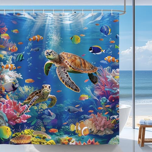 Bonhause Rideau de Douche Tortue de Mer Tropical Océan Poisson Rideau de Bain Tissu Polyester Anti Moisissure Imperméable Lavable Rideaux Salle de Bain 180 x...