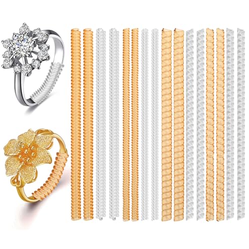 WLLHYF Ring Size Adjuster for Loose Rings, 16 Pcs 4 Sizes Invisible Clear Gold Ring Guards Fit Any Ring Size Non-Slip Silicone Ring Resizer Tightener Set for Making Jewelry Guard