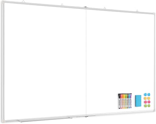 Miniatura 14 de Pizarra blanca grande de borrado en seco para pared, 60 x 40 pulgadas, pizarra magnética de doble cara con bandeja larga para bolígrafos, pizarra