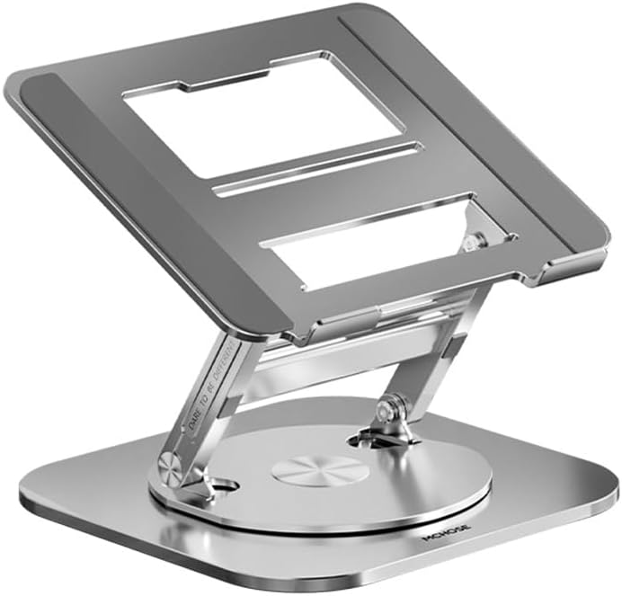 Aluminum Laptop Stand for Desk with 360 Rotating Base, Foldable Computer Stand Compatible with Laptops up to 17.3 inches, Ergonomic Laptop Riser with Heat-Vent (Silver A)