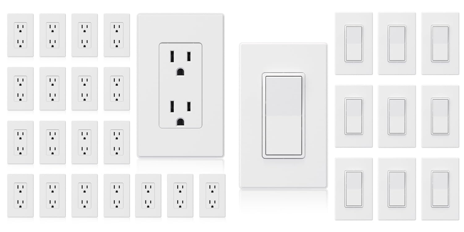 ELEGRP Matte White Standard Decorator Electrical Wall Receptacle Outlet 20 Pack & Single Pole Light Switch 10 Pack, 15A, Self-Grounding, Wall Plate Included, UL Listed
