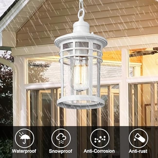 Darkaway Outdoor Pendant Lights for Porch, Outdoor Chandelier Hanging Porch Lights Ceiling Mount Aluminum with Seeded Glass for Front Porch Gazebo Patio (Medium, White)