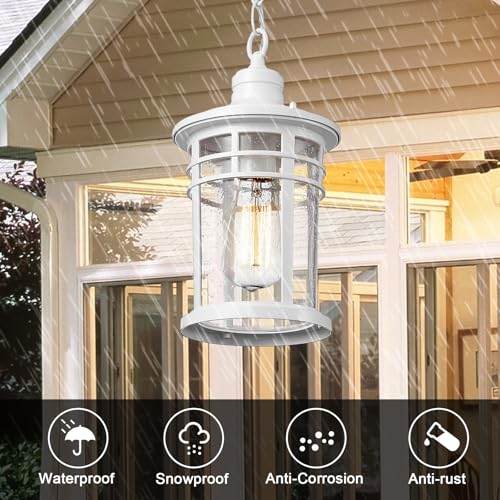 Image of Darkaway Outdoor Pendant Lights for Porch, Outdoor Chandelier Hanging Porch Lights Ceiling Mount Aluminum with Seeded Glass for Front Porch Gazebo Patio (Medium, White)
