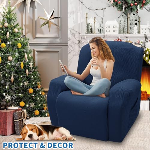 XINEAGE 4-Piece Recliner Cover Stretch Jacquard Slipcover with Pocket, Washable Recliner Chair Protector for Kids, Pets, Dogs, Cats (Navy Blue)