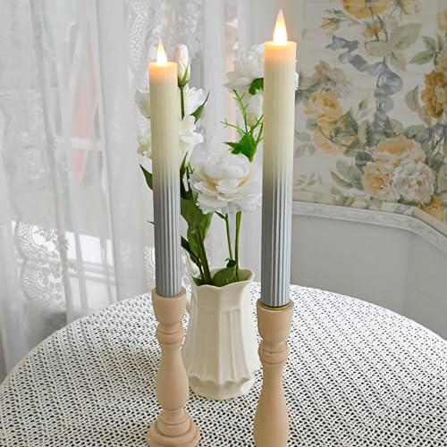 Image of Flameless Taper Candles Flickering with Remote and Timer, 3D Moving Flame Taper Candle Battery Operated to 400 Hours, 9 Inch Window Candles, (Gradient Silver-Vertical Stripes)