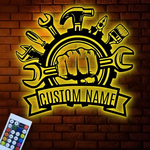 Custom Garage Metal Wall Decor with LED Light, Repairman Sign, Personalized Workshop Sign, Mechanic Decor, Tools Shop Decor, Constructor Sign, Man Cave Light-Up Hanging, Door Wall Plaque, Gift for Dad