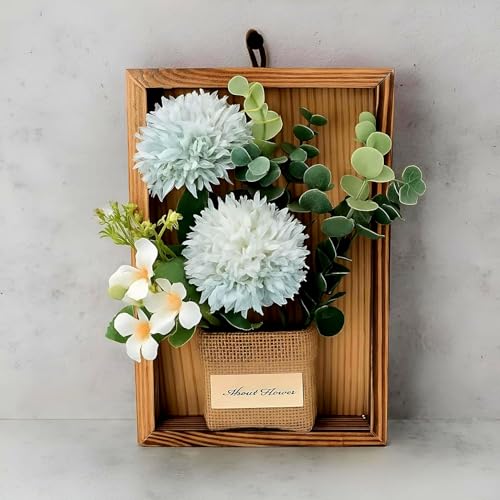 Image of Artificial Chrysanths Wall Hanging Flower Frame - Rustic Wooden Frame with Burlap Vase, Home & Office Wall Decor