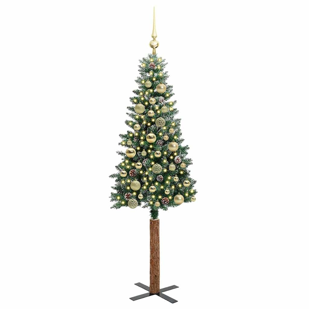 Albero di Natale sottile 150 cm verde con 150 LED bianco caldo e robusto supporto in metallo, ideale per interni ed esterni protetti, decorazione festiva