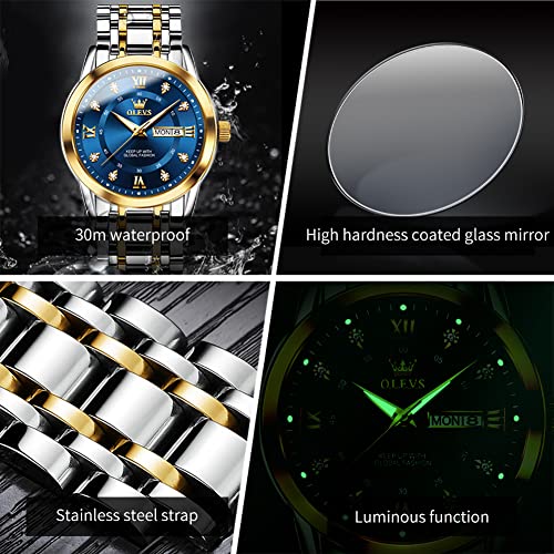 Image of OLEVS Men Watch Blue Gold Analog Quartz Stainless Steel Waterproof Luminous Date Luxury Casual Watch