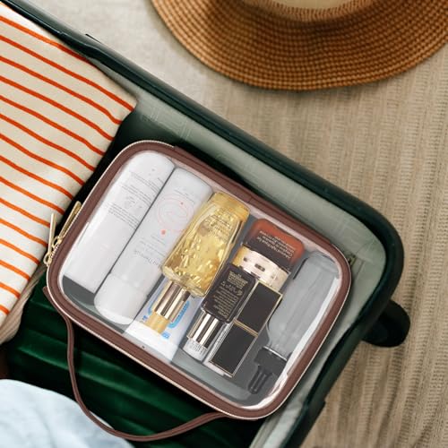 Image of Wedama TSA Approved Toiletry Bag, 3 Pack Clear Makeup Bags with Handles, Quart Size PVC Clear Cosmetic Bags for Women and Men, Carry on Airport Airline Compliant Bag, Brown