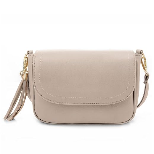 EVVE Small Crossbody Bag for Women Trendy Vegan Leather Flap Saddle Purses with Adjustable Shoulder Strap - Stone