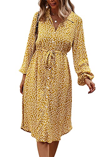 MOPOOGOSS Casual Dresses for Women Midi Length Cute Fall Winter Midi Dress Sexy V Neck Ruffle Chiffon Lantern Button Down Floral Printed Boho Hawaiian Flowy Midi Skirt Dresses for Women Yellow Large