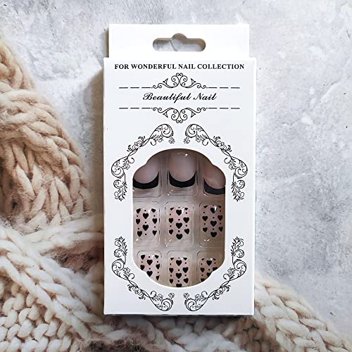 24Pcs Black French Tip Press On Nails Short Square Valentine’s Day Fake Nails With Black Heart Designs Full Cover False Nails Acrylic Artificial Nails Valentine’s Day Nail Decorations For Women Girls #TOP1