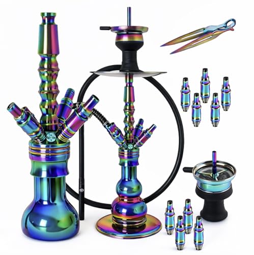 ORACLE HOOKAH Rainbow Shisha Set V2A Regenbogen Edelstahl Wasserpfeife 57cm 4 Anschlüsse mit Zubehör wie Schlauch Kopf Alu Mundstück (Shisha Set inkl. [1 Schlauch / 1 Mundstück])