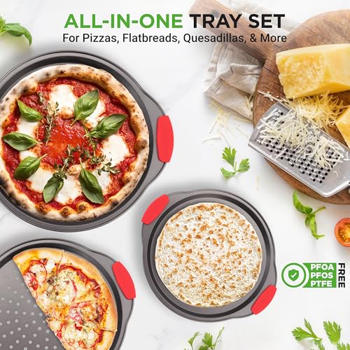 NutriChef 3-Piece Pizza Tray Set with Silicone Handles - Round Nonstick Pizza Pan with Perforated Holes, Durable Carbon Steel, Small, Medium, Large Sizes - Ideal for Crispy, Evenly Baked Pizzas (Gray) - Image 4
