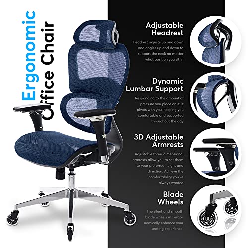 Oline Ergopro Ergonomic Office Chair - Rolling Desk Chair With 4D Adjustable Armrest, 3D Lumbar Support And Blade Wheels - Mesh Computer Chair, Gaming Chairs, Executive Swivel Chair (Navy Blue) #TOP1