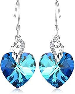 Love Heart Earrings 925 Sterling Silver Angel Wing Dangle Drop Earrings, Birthday Anniversary Jewellery Gifts for Her Wife Women