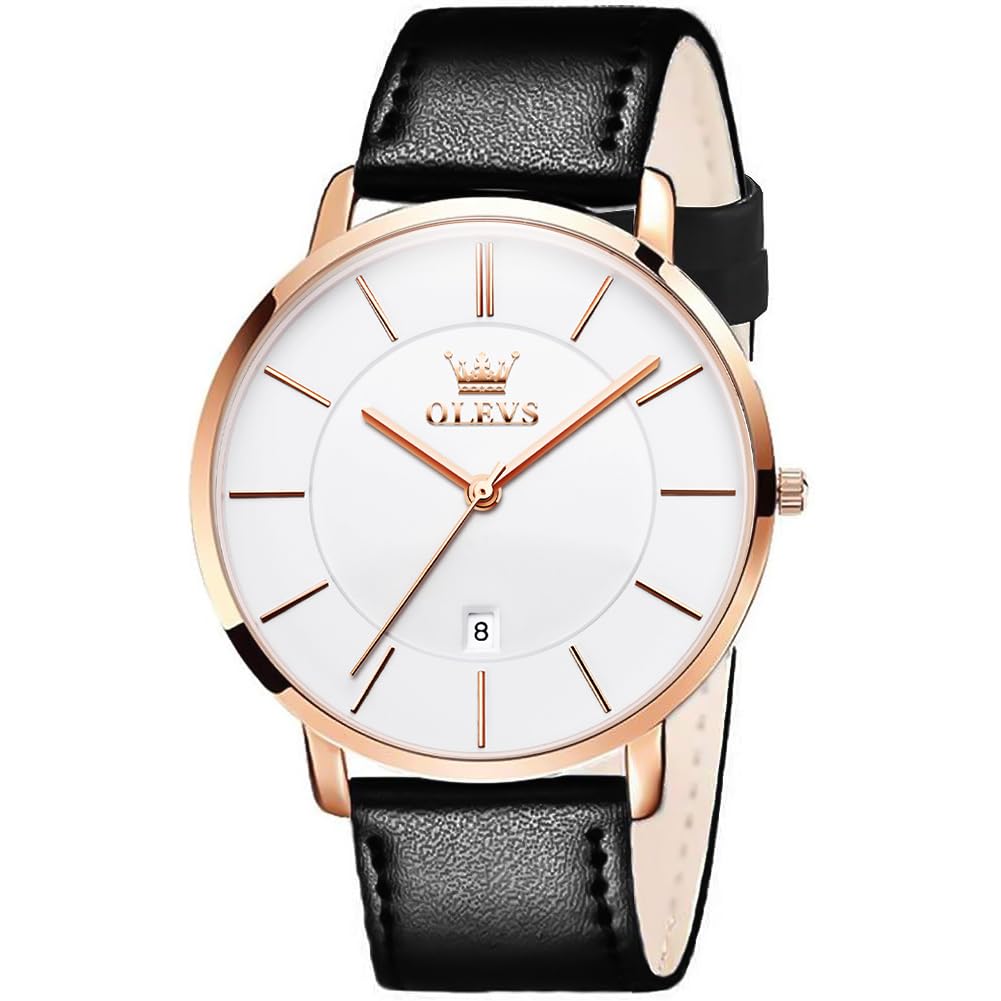 OLEVSMens Watches Minimalist Ultra Thin Fashion Casual Analog Quartz Date Watch Waterproof Slim Simple Big Face Dress Wrist Watch with Retro Leather Band for Men