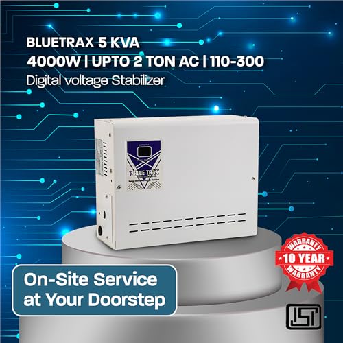 Image of BLUETRAX 5 KVA 4000W Copper Voltage Stabilizer | 110V-300V | Hanging | Automatic Digital | for 2 Ton AC & 2HP Pump | ISI Certified | 10 Years Warranty | White