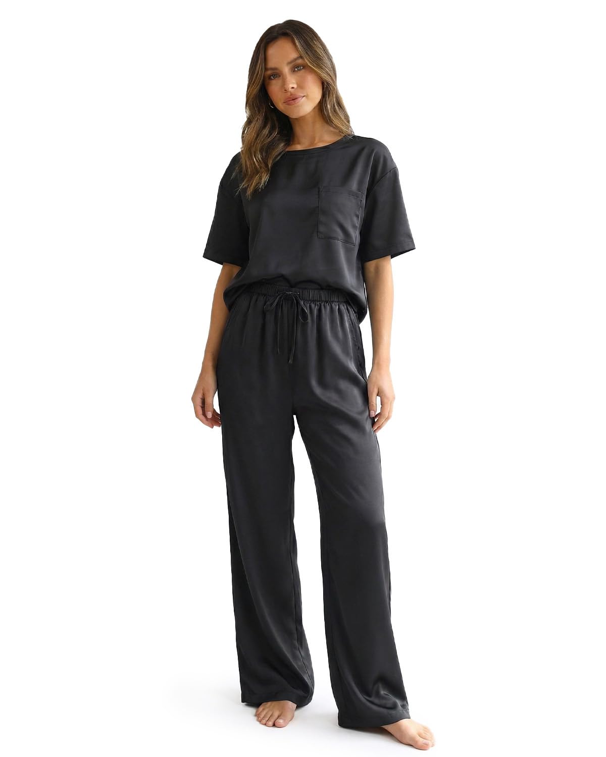 Zylioo Extra Lang Damen Schlafanzug Kurzarm Satin Pyjama Set Nachtwäsche Set Zweiteiler Tall，Sommer Casual Hausanzug Loungewear Sleepwear