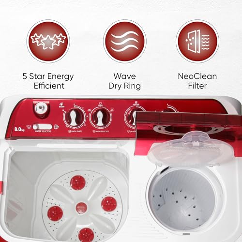 Image of SHARP 8.0 kg, 5 star Semi-Automatic Top Loading Washing Machine with Quadroniq Pulsator, Wave Dry Ring, 1300 RPM (ES-SD80NB-TR, Ruby Red, Pure Wave+)