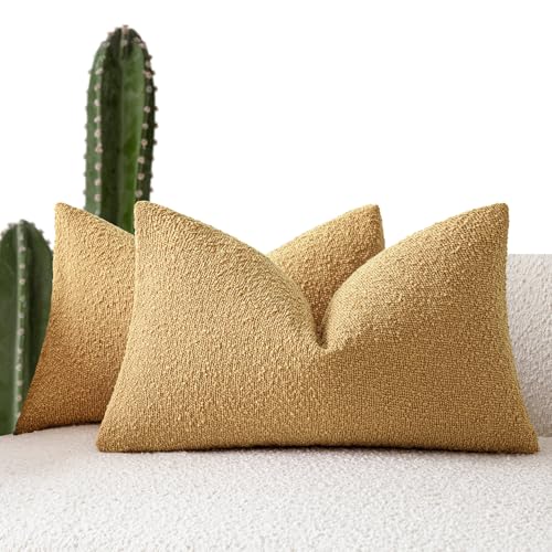 Image of Foindtower Pack of 2 Textured Boucle Throw Pillow Covers Accent Solid Decorative Lumbar Pillow Cases Cozy Couch Cushion Case for Chair Sofa Bedroom Living Room Home Decor 12x20 Inch Sunflower