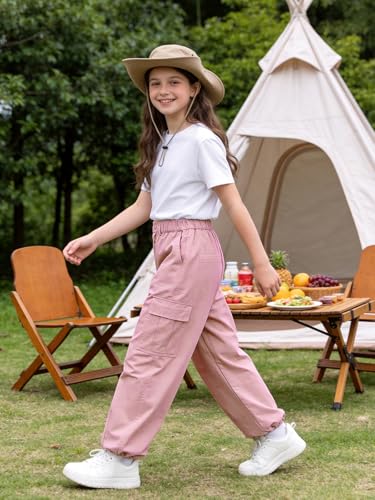 Image of Rolanko Girls Cargo Pants Wide Leg Streetwear Kids Pants with Pockets Trendy Jogger Trousers 4-14 Years