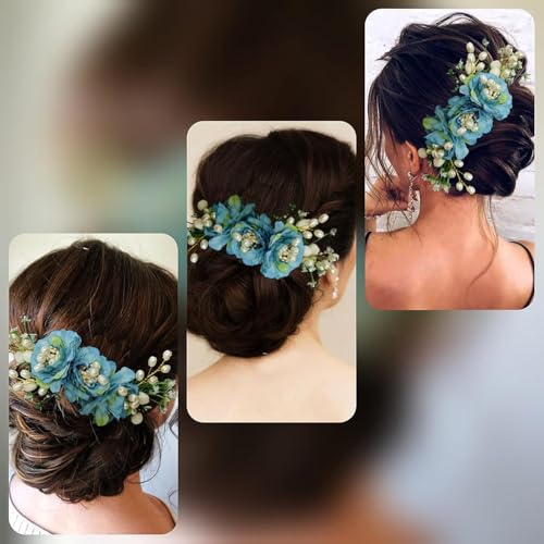 Image of Hair Flare Comb Slide for Women, Girls Artificial Flower Hair Accessories, Bridal Hair Pin for Bun, 2215 - Blue