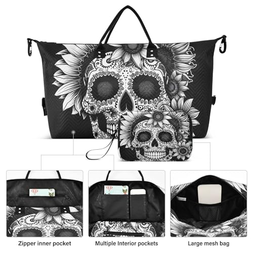 Large Travel Duffel Bag, Sunflowers Mexican Skull Sports Tote Gym Bag, Shoulder Weekender Overnight Bag for Women Men, Carry On Luggage with Toiletry Bags2