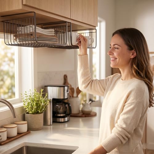 Image of Styleys Kitchen Under Cabinet Shelf Wire Rack Organizer Storage Undershelf Basket (Black, 15.5-inch S11027) - Set of 2, Tiered Shelf