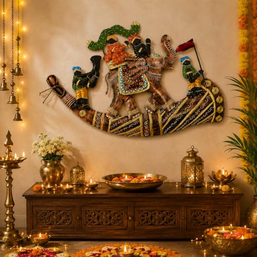 Image of iHandikart Handmade Metal Wall Art for Home Decor | 24 x 16 Inch Rajasthani Elephant Ride Wall Sculpture | Traditional Indian Iron Wall Hanging Artwork for Living Room, Bedroom, Hallway & Entryway