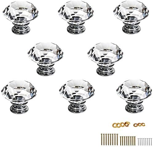 Sumnacon 8 Pcs 1.2 Inch Clear Crystal Glass Door Knobs - Diamond Wardrobe Doorknob/Crystal Glass Drawer Knobs/Cabinet Cupboard Handle Pull Knobs/Door Pull Handle with Screws with 3 Kinds Screws