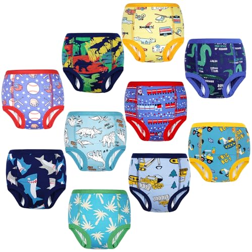 FLYISH DIRECT Culottes Apprentissage 100% Coton, Lot de 10 slip d apprentissage pour Garçons et Filles, Culotte Absorbants Enfant, Réutilisables et Lavables, Mélange Dinos et Véhicules, 4 ans