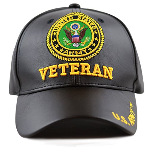 The Hat Depot Official Licensed 3D Embroidered Soft Faux Leather Veteran Military Cap (U.S.Army-Black)