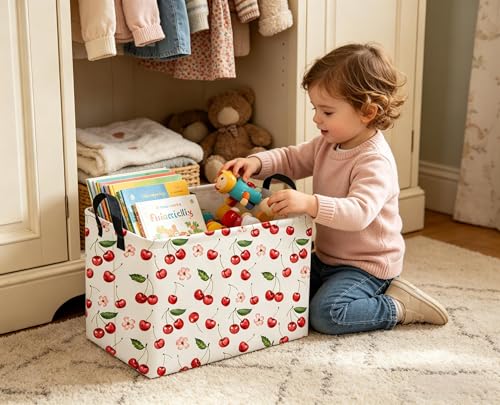 Image of Sanjiaofeng Rectangular Kids Baskets,Pink Cherry Storage Bin,Kids Storage Bins,Collapsible Storage Bin Cute Organizer Box Books Box,Gift Basket,Girl Room Decor(Cherry)