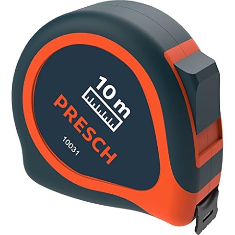 Presch Bandmaß 10m - Robustes Profi Maßband vernietet mit Gürtelklemme und Aufrollsystem - Rollmeter 10m mit Feststeller Cover