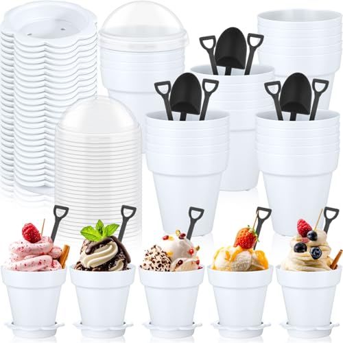 Honeydak 25 Pack Flowerpot Dessert Cup Plastic Cake Cups with Lid Shovel Spoon Mini Flower Pot Dessert Cups Ice Cream Yogurt Cupcake Holder Containers for Birthday Party Supplies DIY Baking(White)