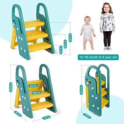 Onasti Foldable Toddler Step Stop For Bathroom Sink, Adjustable 3 Step Stool For Kids Toilet Potty Training Stool With Handles, Child Kitchen Counter Stool Helper, Plastic Ladder For Toddlers Green #TOP7