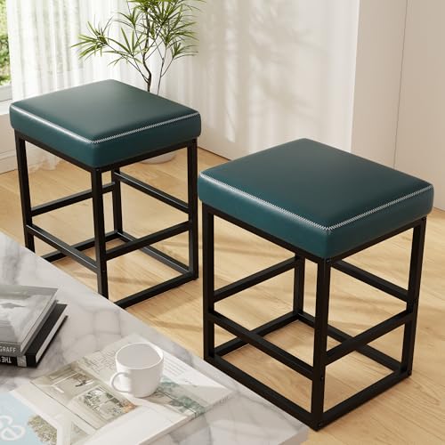 Image of Bar Stools Set of 3, 24in Counter Height Barstools, Faux Leather Counter Stools with Thick Square Seats & Sturdy Metal Base, Modern Bar Chairs for Kitchen Island (Navy Blue)