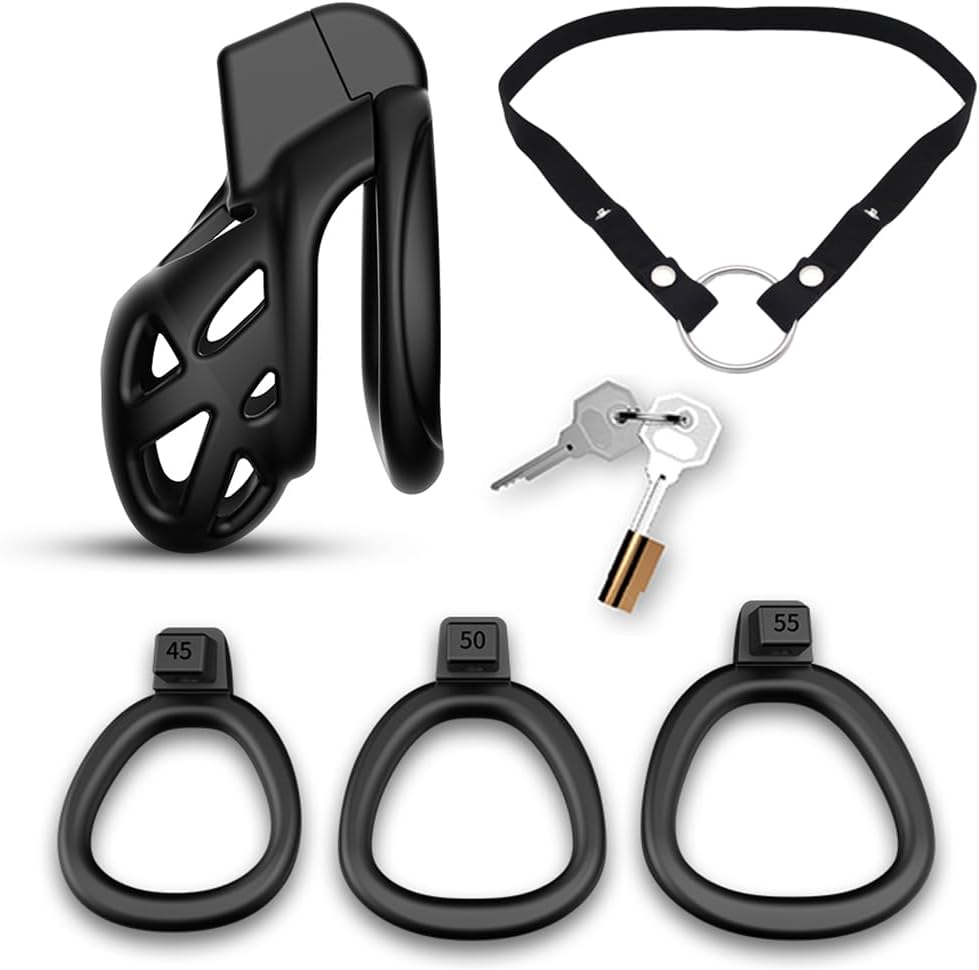 Male Chastity Device Cock Cage Set Whit Chastity Strap, Lightweight 3D Penis Cage for Men with 3 Sizes Rings, Invisible Lock Adult Abstinence Penis Exercise Bondage Belts Male Sex Toys (S)