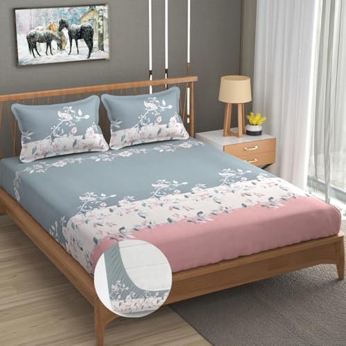 Image of Vram Premium Heavy Cotton Elastic Fitted Bedsheets with 2 King Size Pillow Covers || Double Bed with All Around Elastic 350 TC || 72 x 78 x 10 Inch King Size Fitted || :- Pink Tricolor