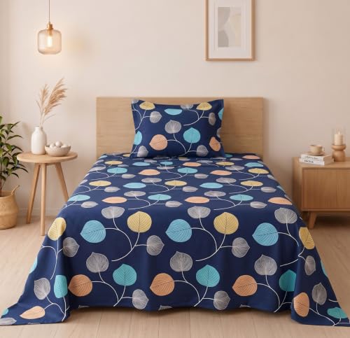 Image of BSB HOME 210 TC Cotton Feel Single Bedsheet with 1 Pillow Cover, Soft & Breathable Floral Printed Bed Sheet, Fade Resistant, Bedding for Home & Bedroom, 60 x 90 Inches (152 x 229 cm) (Deep Indigo)