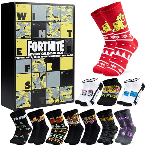 Get Trend Fortnite Calendario Adviento 2025 con 24 Pares Calcetines Originales para Adolescentes y Hombres, 39-42.5, Diseños Gamer Divertidos (Negro/Amarillo Fortnite)